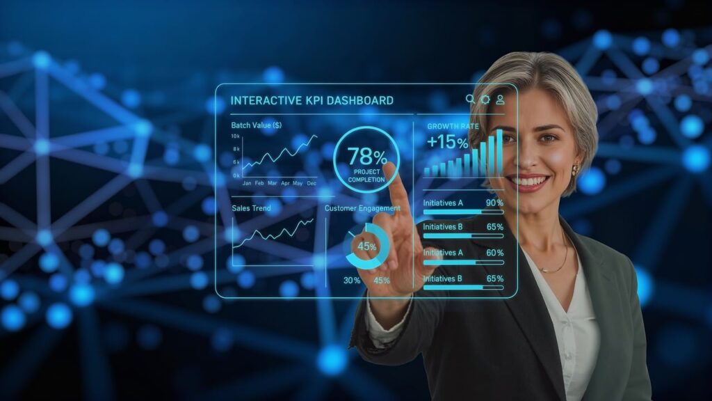 digital technology, business intelligence, data analysis, performance metrics, interactive display, woman, professional, technology, progress, analytics, growth rate, project completion, customer engagement, sales trend, visualization, future, innovation, interface, management, ai generated